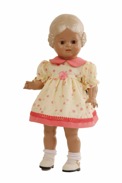 Puppe Bärbel 34 cm blonde Malhaare , braune Augen, Sommerkled Kirschen