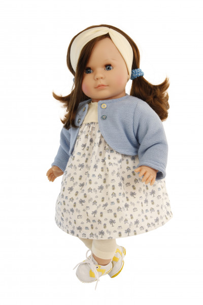 Puppe Hanni 45 cm braune Haare, blaue Schlafaugen, Kleidung blau/weiss