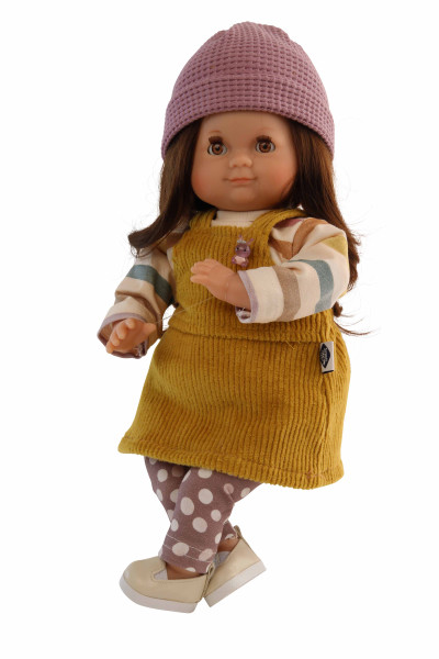 Puppe Schlummerle 32 cm braune Haare, braune Schlafaugen, Kleidung winterlich bunt