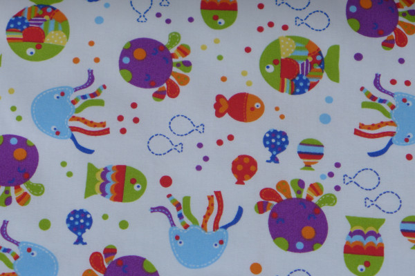 Batiste 100% cotton white printed with colourful fish and octopus