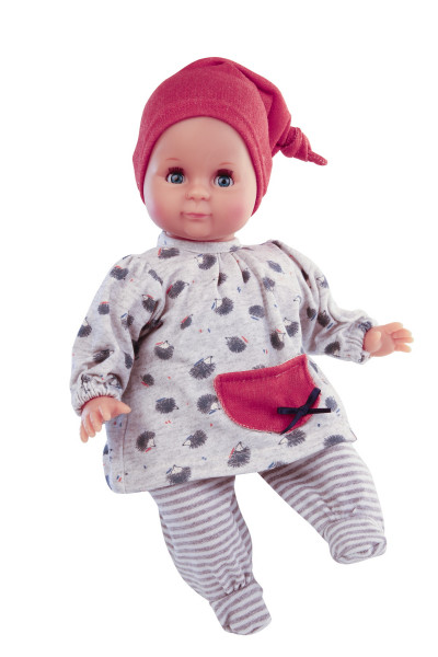 Puppe Schlummerle 32 cm mit Malhaar und blauen Schlafaugen, Kleidung grau/weiss/rot