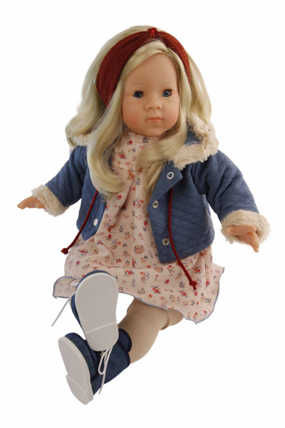 Puppe Elli 52 cm blonde Haare, blaue Schlafaugen, Kleidung winterlich blau/rose