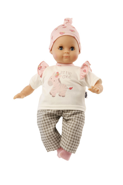 Puppe Schlummerle 32 cm mit Malhaar und blauen Schlafaugen, Kleidung rose/weiss/grau