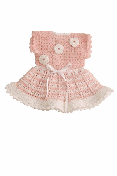 Häkelkleid zu Stehpuppe 34 rose/weiss