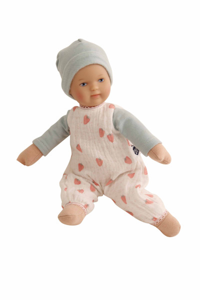 Puppe Schmuserle 30 cm Malhaar, blaue Malaugen, Kleidung Erdbeere