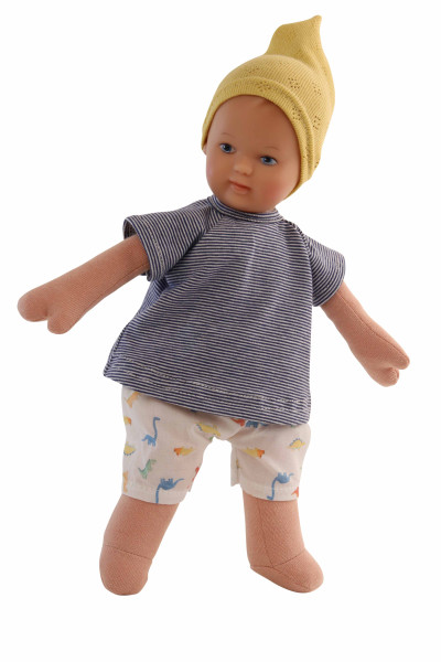 Puppe Schmuserle 30 cm Malhaar, blaue Malaugen, Kleidung blau/weiss/gelb