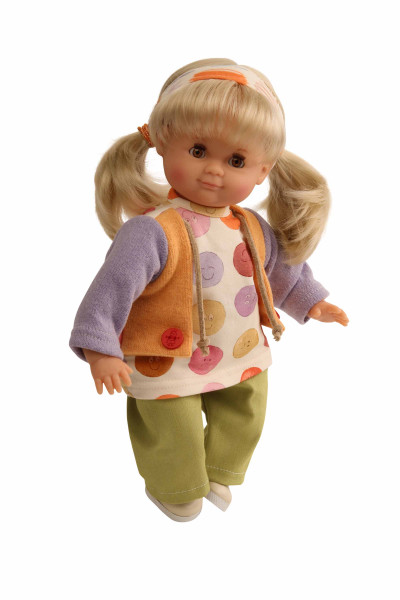Puppe Schlummerle 32 cm blonde Haare, braune Schlafaugen, Smiley-Kleidung