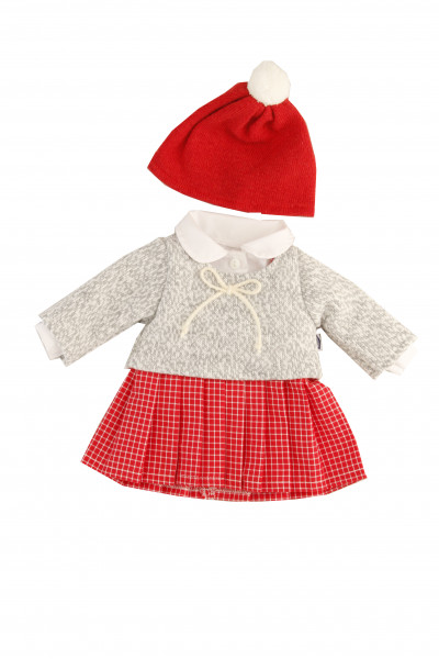 Kleid zu Stehpuppe 25-49 cm winterlich rot/grau/weiss