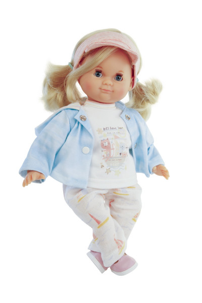Puppe Schlummerle 32 cm blonde Haare, blaue Schlafaugen, Sommerkleidung weiss/rose/blau