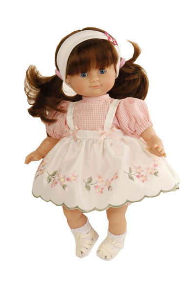 Puppe Schlummerle 32 cm braune Haare, blaue Schlafaugen, Kleidung rose mit Stickerei