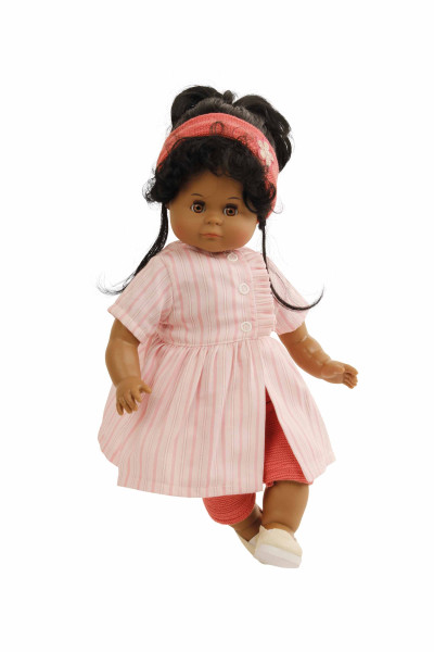 Puppe Schlummerle schwarz 37 cm schwarze Haare, braune Schlafaugen, Kleidung rosa/rot