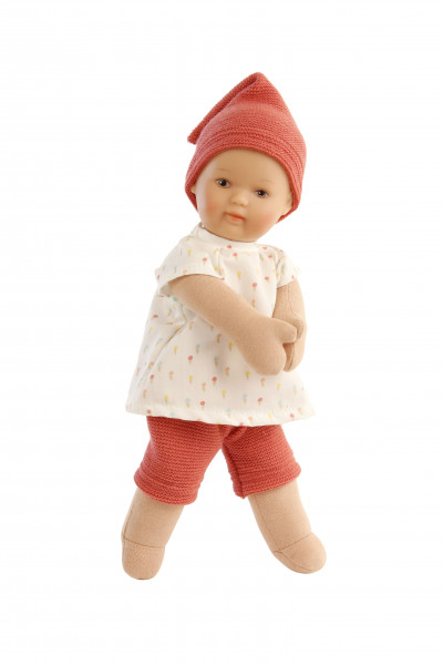 Puppe Schmuserle 30 cm Malhaar, braune Malaugen, Kleidung rot/weiss mit Eistüten