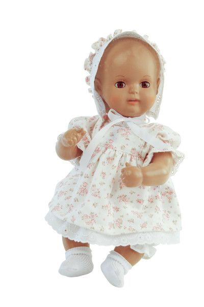 Baby Strampelchen 31 cm braune Malhaare, Sommerkled mit Schute
