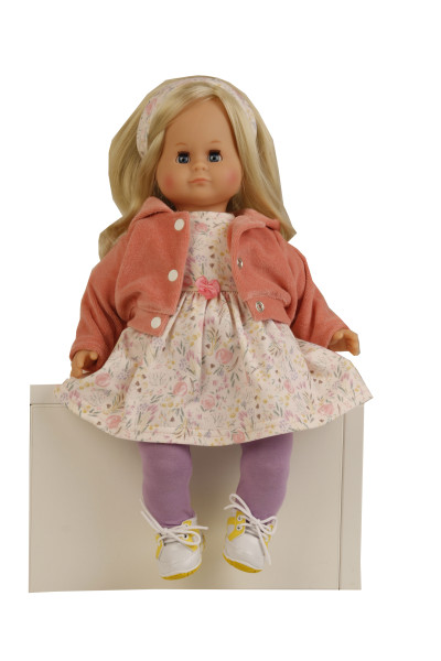 Puppe Schlummerle 37 cm blonde Haare, blaue Schlafaugen, Blumenkleidung weiß/rose