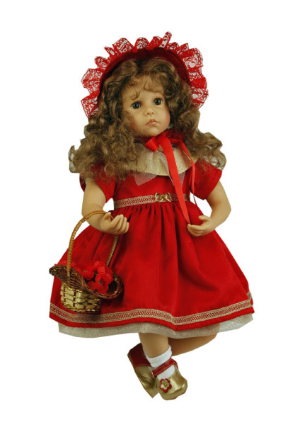 Puppe Elena sitzend 53 cm von Sybille Sauer rote Haare, festliches Kleid in rot