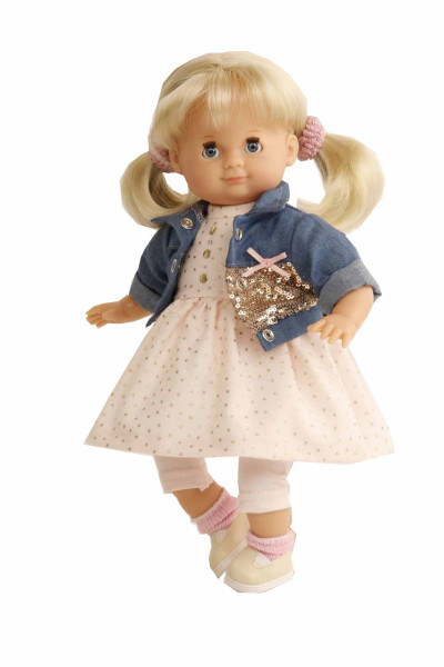 Puppe Schlummerle 32 cm blonde Haare, blaue Schlafaugen, Sommerkleid rose/bleu