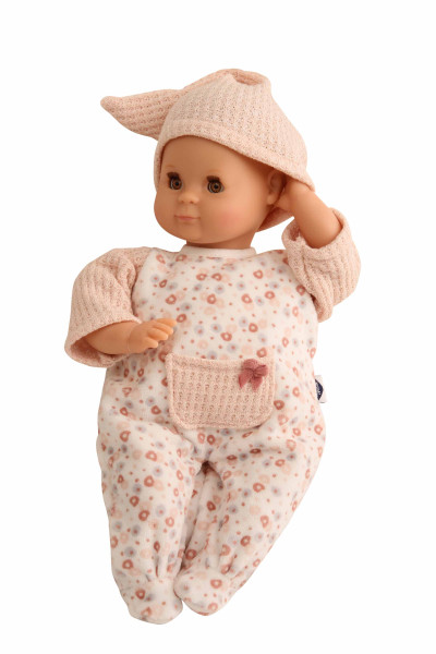 Puppe Schlummerle 32 cm mit Malhaar und braunen Schlafaugen, Overall weiß/rose