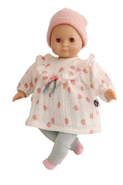 Puppe Schlummerle 32 cm mit Malhaar und braunen Schlafaugen, Erdbeer-Kleidung