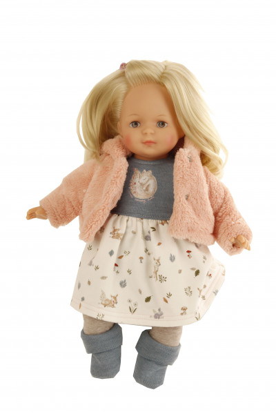 Puppe Strampelchen 37 blonde Haare, braune Malaugen, Winterkleidung