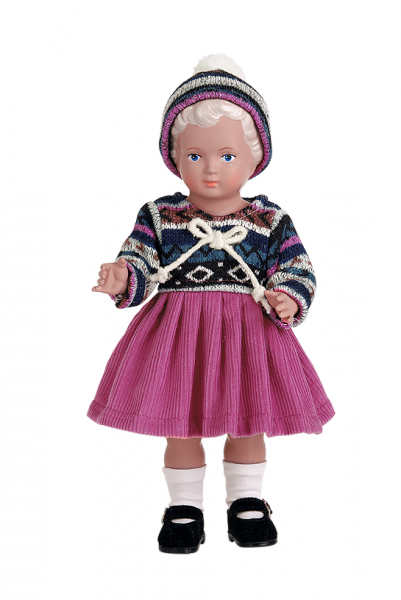 Puppe Ursel 25 cm von 1954 blonde Malhaare, winterliche Kleidung