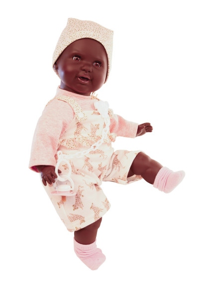 Schnullerbaby schwarz Lenchen 37 cm Malhaar,braune Schlafaugen, Kleidung rose/weiss