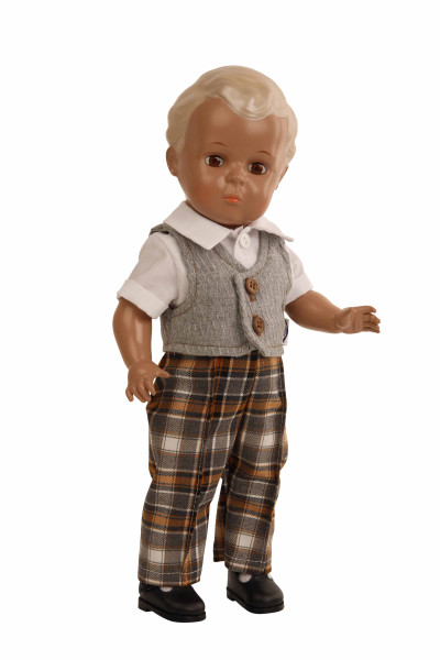 Puppe Hans 34 cm blonde Malhaare, Kleidung Karo