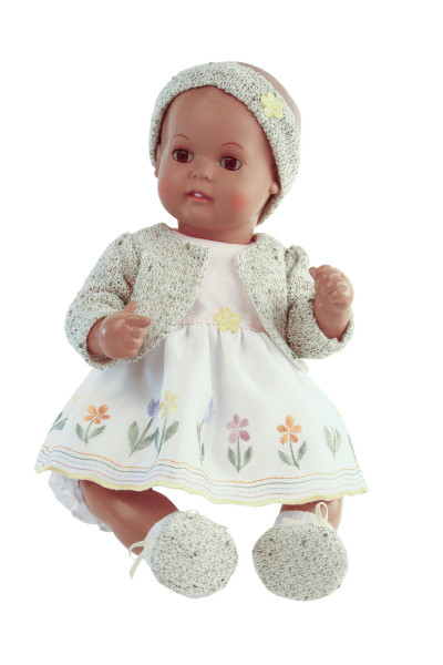 Baby Strampelchen 35 cm braune Malhaare, Blumenkleid mit Jacke