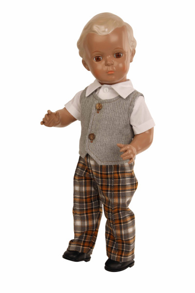 Puppe Hans 49 cm blonde Malhaare, Karohose, Hemd+ Weste