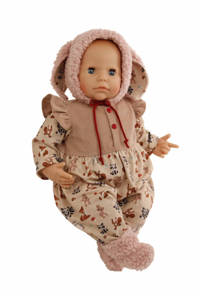 Baby Julchen 52 cm Malhaar, blaue Schlafaugen, Kleidung winterlich Waldtiere