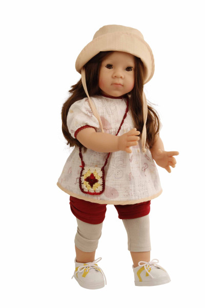 Stehpuppe Elli 52 cm braune Haare, blaue Schlafaugen, Kleidung rot/beige/weiss