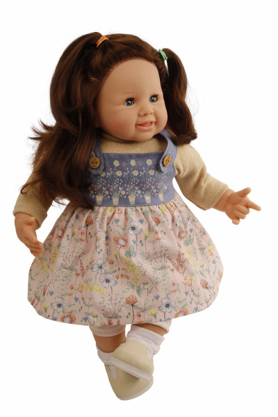 Puppe Klara 52 cm braune Haare, blaue Schlafaugen, Blumenkleidung