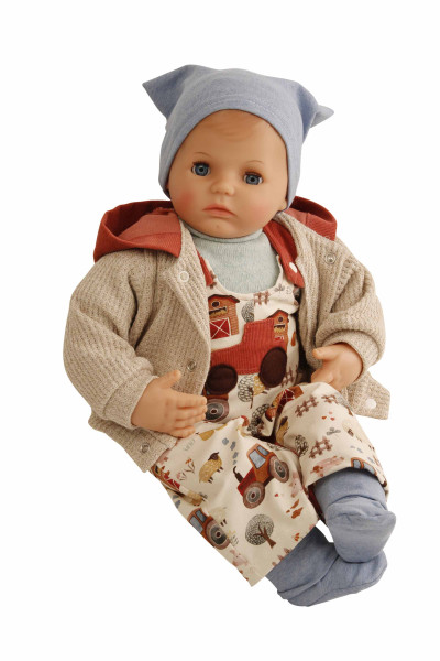 Puppe Peterle 52 cm mit Malhaar, blauen Schlafaugen, Kleidung Bauernhof