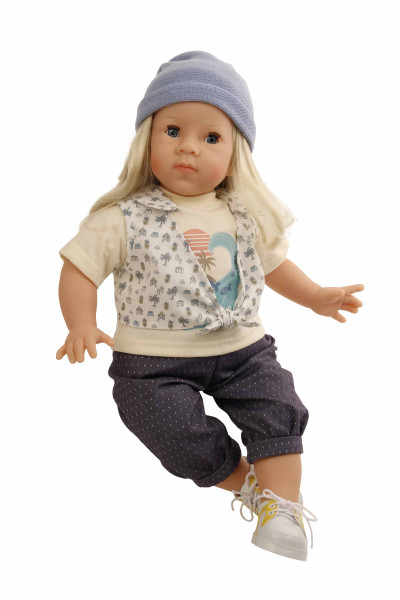 Puppe Elli 52 cm blonde Haare, blaue Schlafaugen, Kleidung blau/gelb Hawai