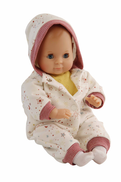 Puppe Schlummerle 32 cm mit Malhaar und blauen Schlafaugen, Overall weiß/rot