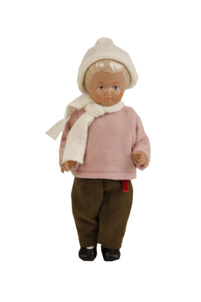 Puppe Ursel 18 cm von 1954 blonde Malhaare,Cordhose, rose Pulli