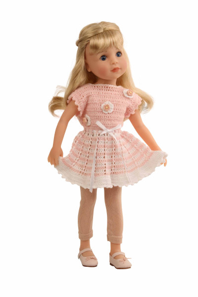 Stehpuppe Yella 46 cm blonde Haare, Häkelkleidung rose/weiss