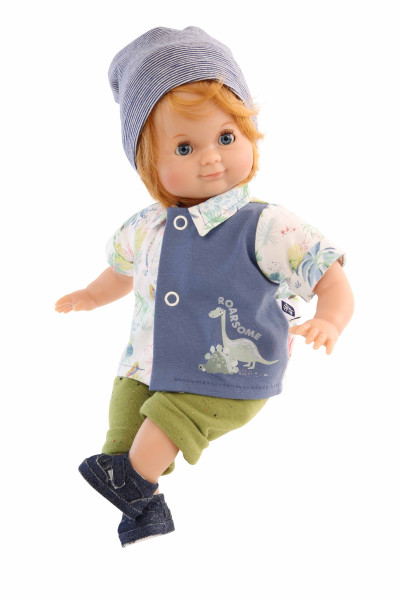 Puppe Schlummerle Junge 32 cm rote Haare, blaue Schlafaugen, Sommerkleidung Dino