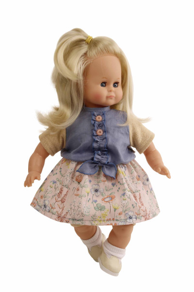 Puppe Schlummerle 37 cm blonde Haare, blaue Schlafaugen, Blumenkleidung rose/bleu