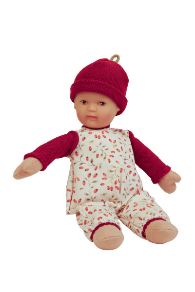 Puppe Schmuserle 30 cm Malhaar, braune Malaugen, Kleidung rot/weiss