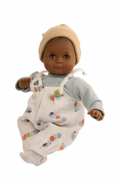 Puppe schwarz Schlummerle 32 cm mit Malhaar und braunen Schlafaugen, Kleidung Räupchen