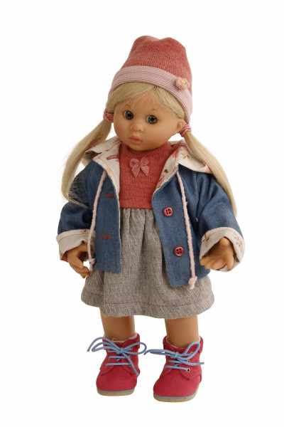 Puppe Müller-Wichtel Lotta 30 cm blonde Haare, Kleidung grau/rot/blau