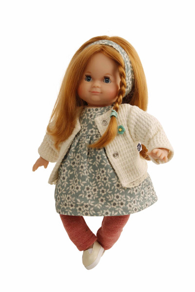 Puppe Schlummerle 32 cm rote Haare, blaue Schlafaugen, Kleidung rot/blaugrün/weiss