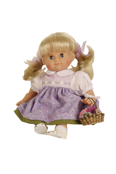 Puppe Schlummerle 32 cm blonde Haare, blaue Schlafaugen, Sommerkleid lila/weiss/grün