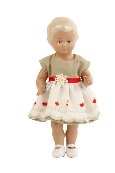 Puppe Ursel 18 cm von 1954 blonde Malhaare, Sommerkleid grün/weiss/rot