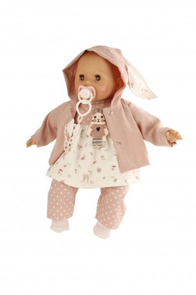 Baby Amy 45 cm mit Schnuller, Malhaar,braune Schlafaugen, Kleidung rose Hasenmotiv