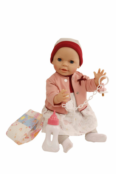 Trink + Näßbaby "Lina" 40 cm mit Malhaar und blauen Schlafaugen, Kleidung rose/weiss