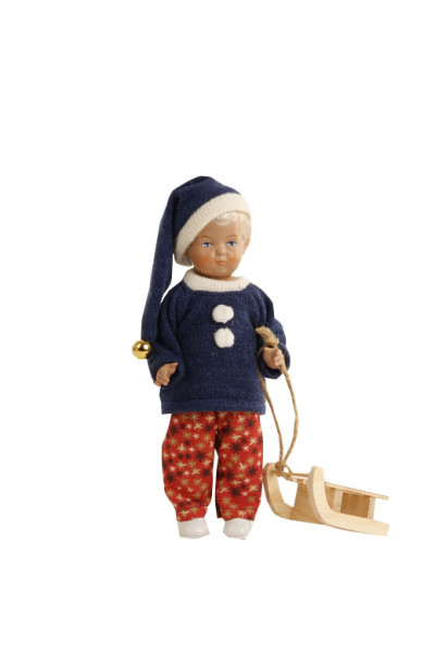 Puppe Hans 18 cm blonde Malhaare, Winterkleidung mit Schlitten