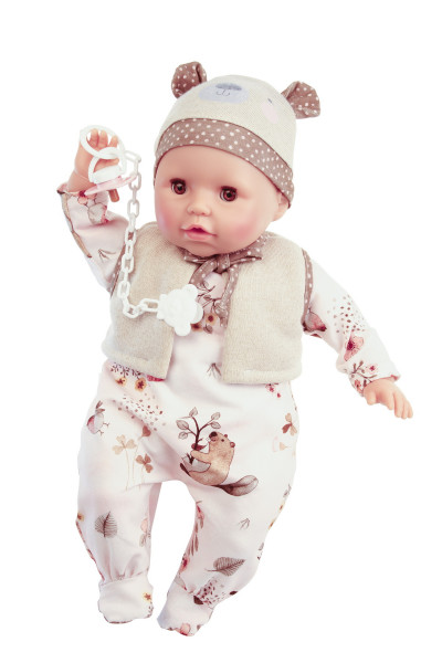Baby Amy 45 cm mit Schnuller, Malhaar, braune Schlafaugen, Biberoverall + Mütze+ Weste