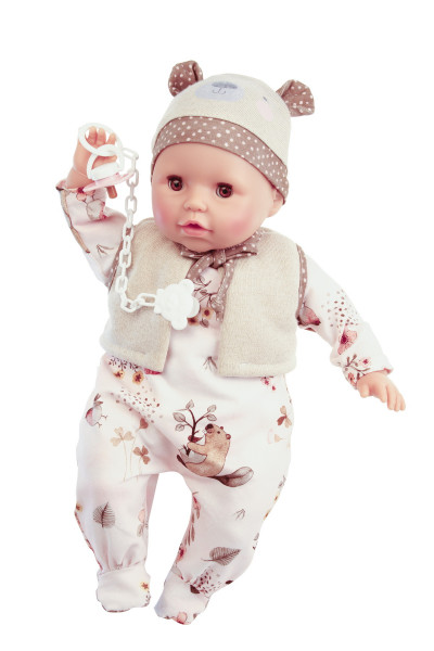 Baby Amy 45 cm mit Schnuller, Malhaar, braune Schlafaugen, Biber-Kleidung
