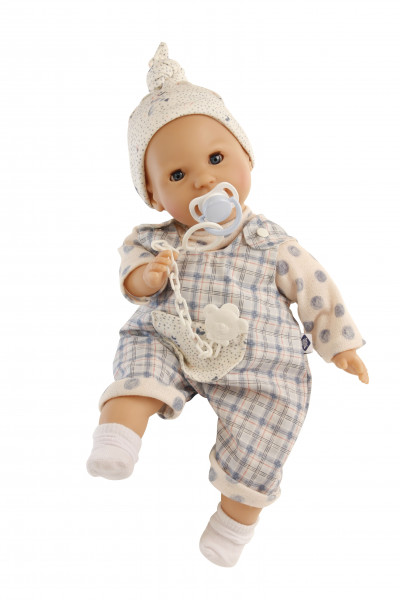 Schnullerbaby Lenchen 37 cm, Malhaar, blaue Schlafaugen, Karohose blau, Tupfenpullover, Mütze
